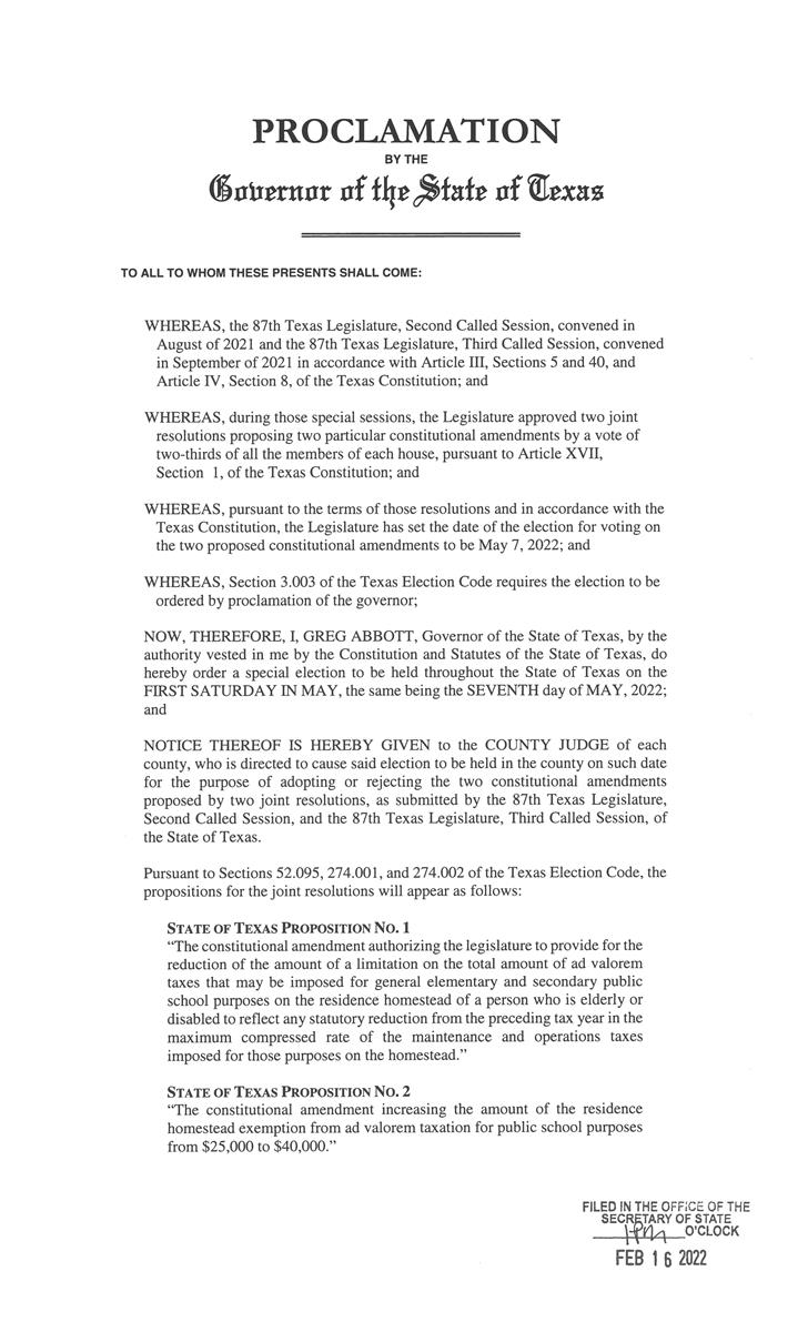 Proclamation by the Governor of the State of Texas for a Constitutional Amendment Election page 1