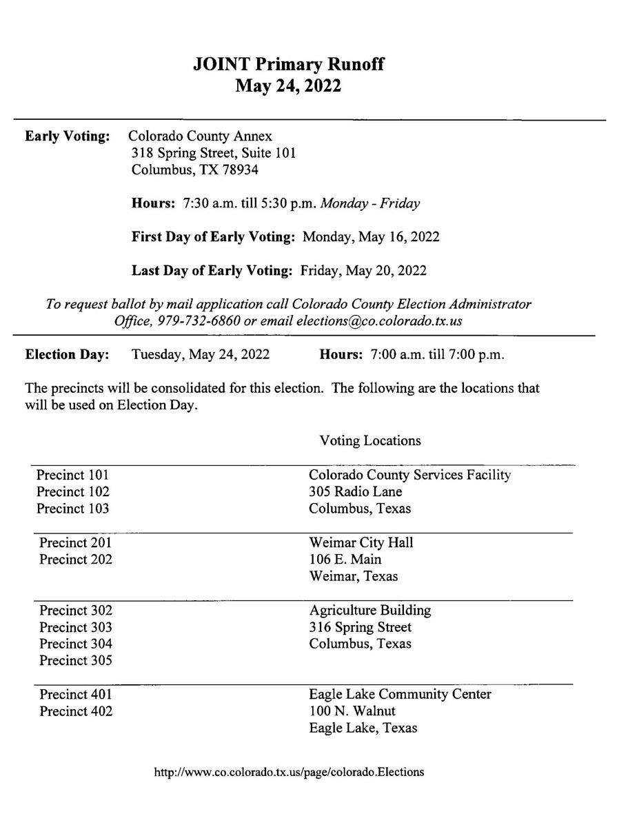 Notice of Election for the Primary Runoff  May 24, 2022 - Poll locations and times
