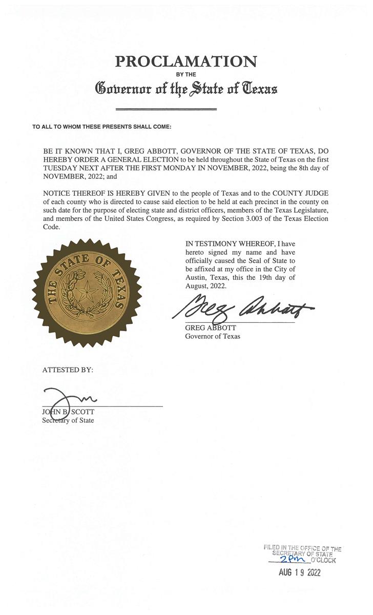 Proclamation by the Governor of the State of Texas for a General Election